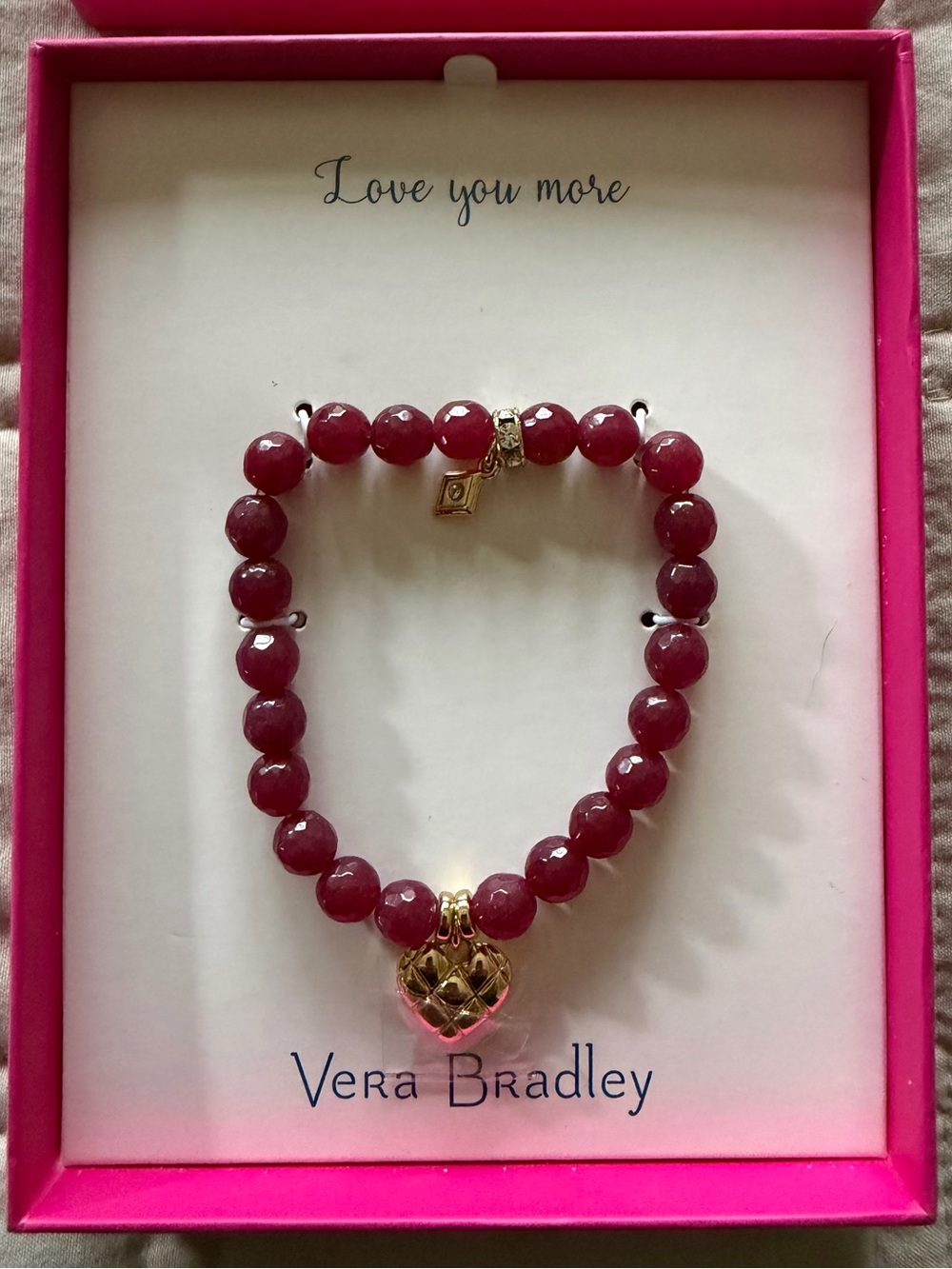 Vera Bradley Deep Pink Beaded Bracelet with Gold Heart Charm